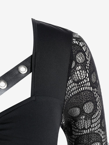 Gothic Plus Size Skull Lace Panel Handkerchief Long Sleeve Tops